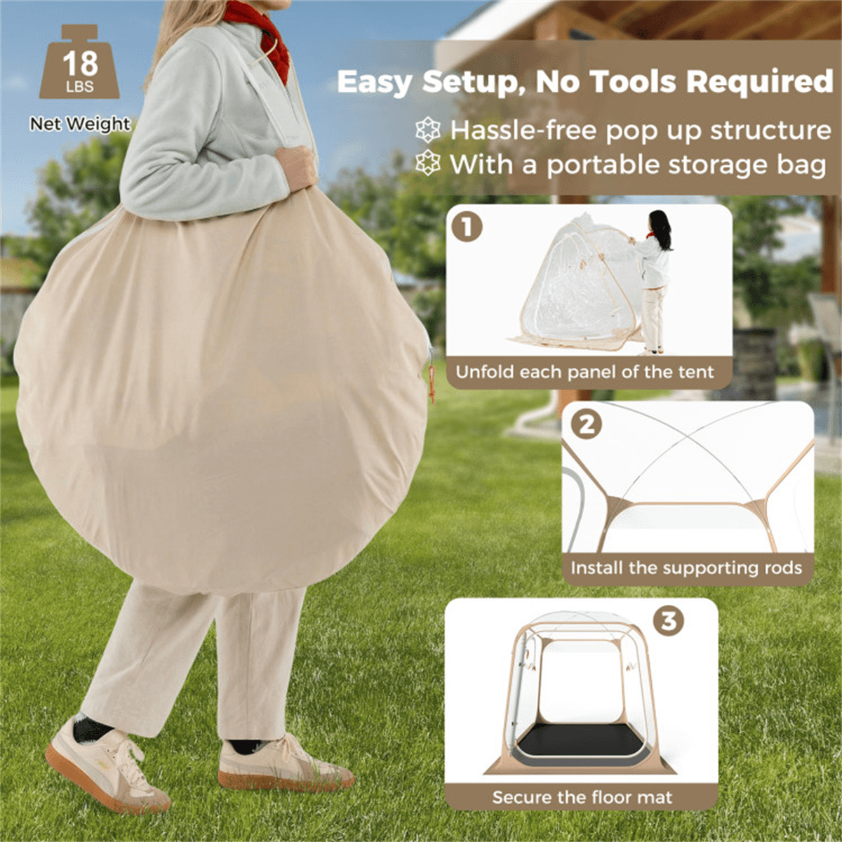image-Clear Pop Up Sports Tent, 7×7FT Waterproof PVC Pod for Camping, 2-4 People