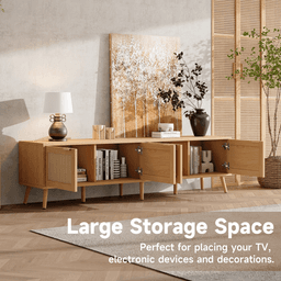 image-70inch Modern TV Stand with Rattan Doors for TVs up to 80", Media Console with Storage Space & Cable Holes, Entertainment Center for Living Room