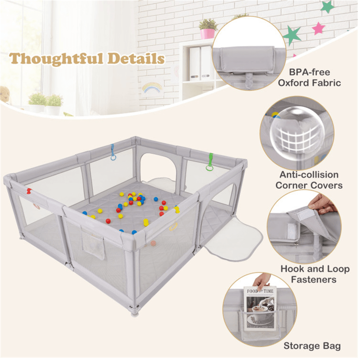 image-Portable Baby Play Yard - Grey, 73"x61.5"x27", Mesh, Carry Bag
