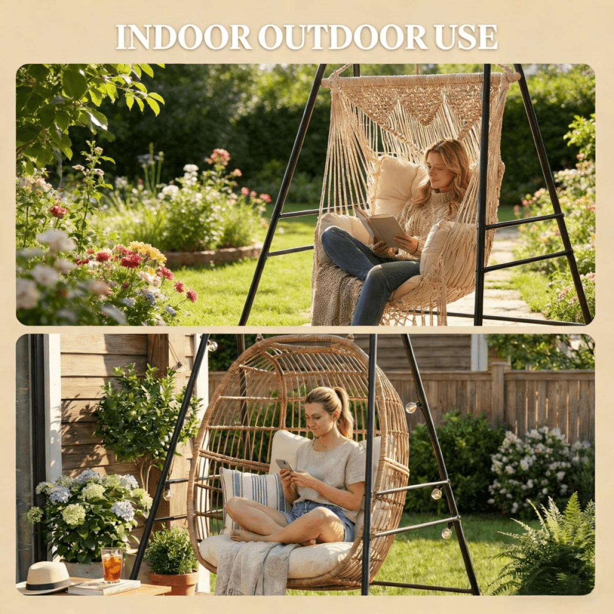image-Hammock Chair Stand - Black Steel Frame 330lbs Capacity