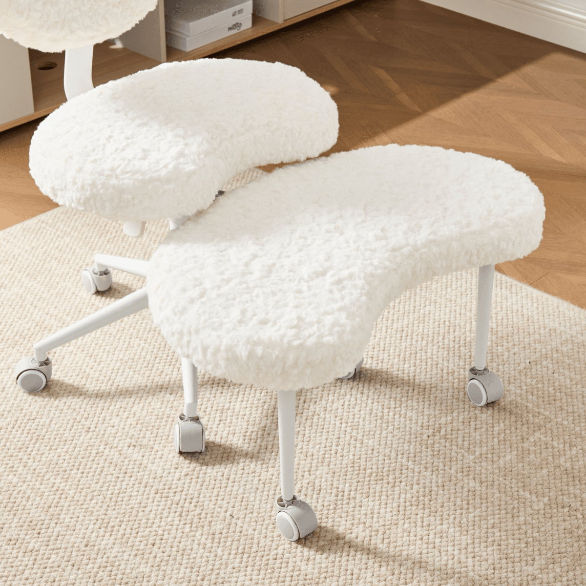 image-Artificial rabbit hair Meditation Chair Plus, Cross Legged Chair with Wheels, ADHD Chair, Criss Cross Desk Chair with Lumbar Support and Adjustable Stool, Flexible Design for Fidgety Sitters, Beige