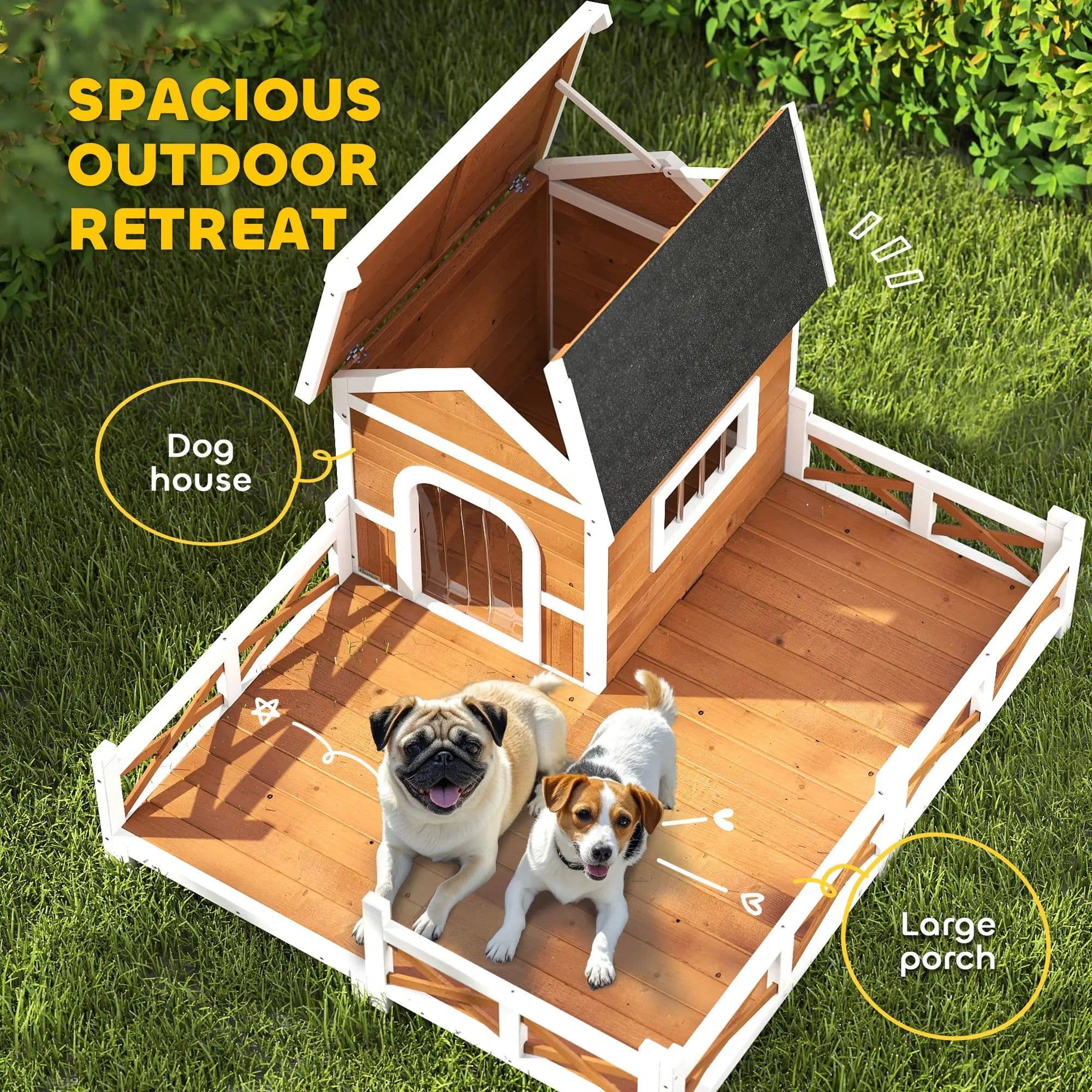 image-PawHut Outdoor Dog House - Small to Medium, Asphalt Roof, Wooden, 46.7"x55.9"x31.5"