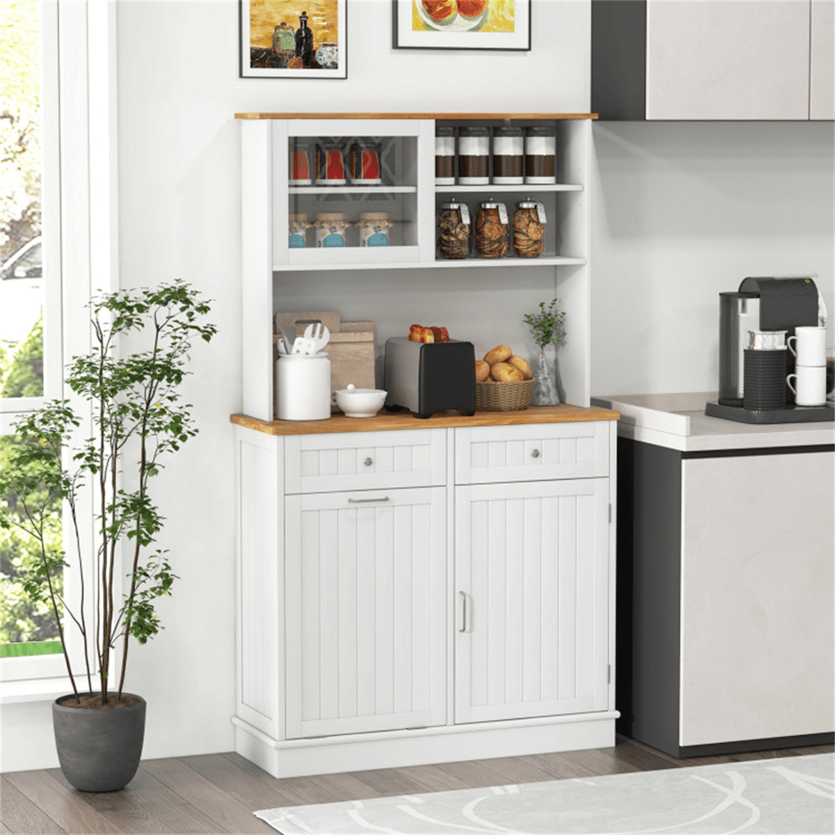 image-68" Trash Cabinet with Storage - White & Natural Wood