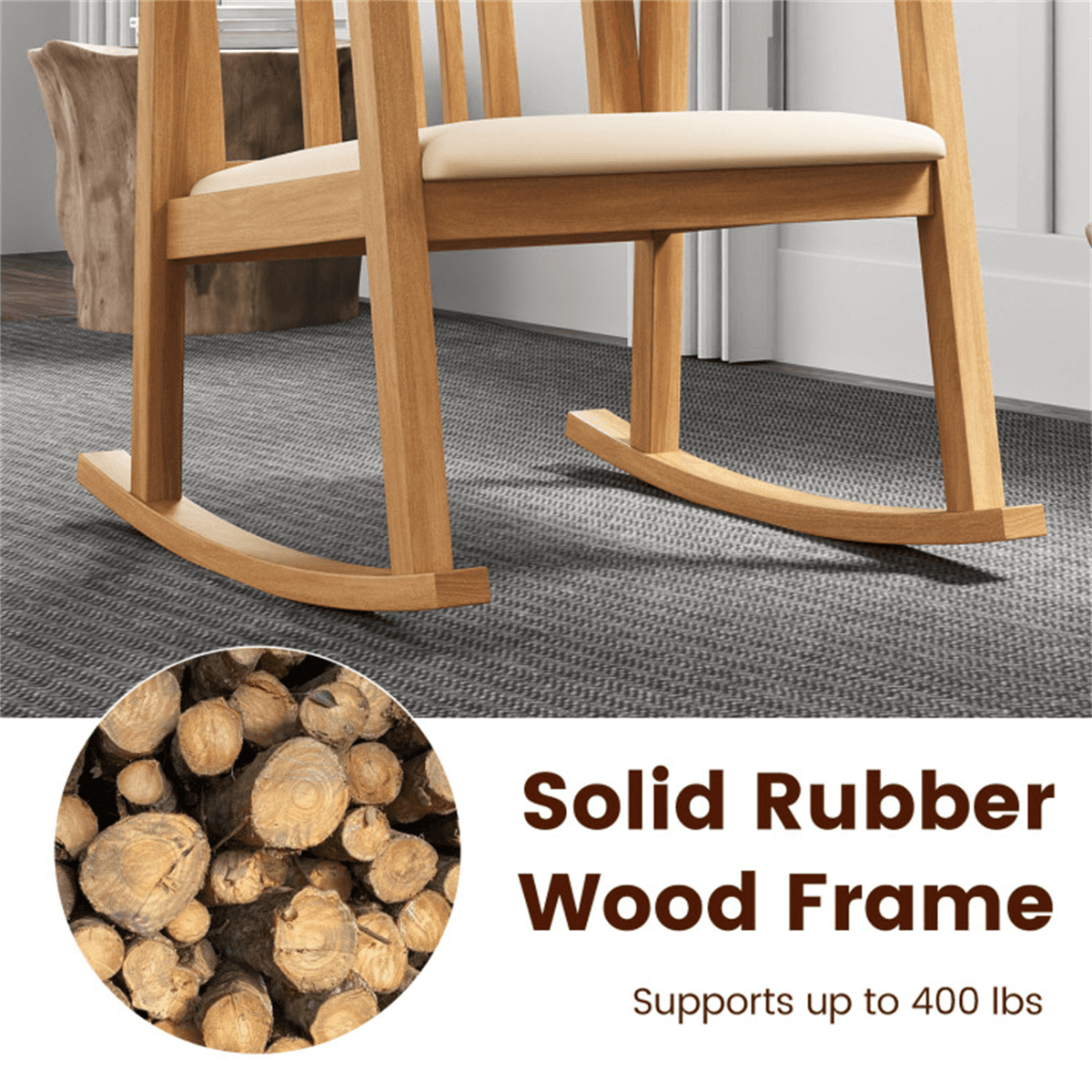 image-Rubber Wood Rocking Chair - Natural Linen 400 lbs