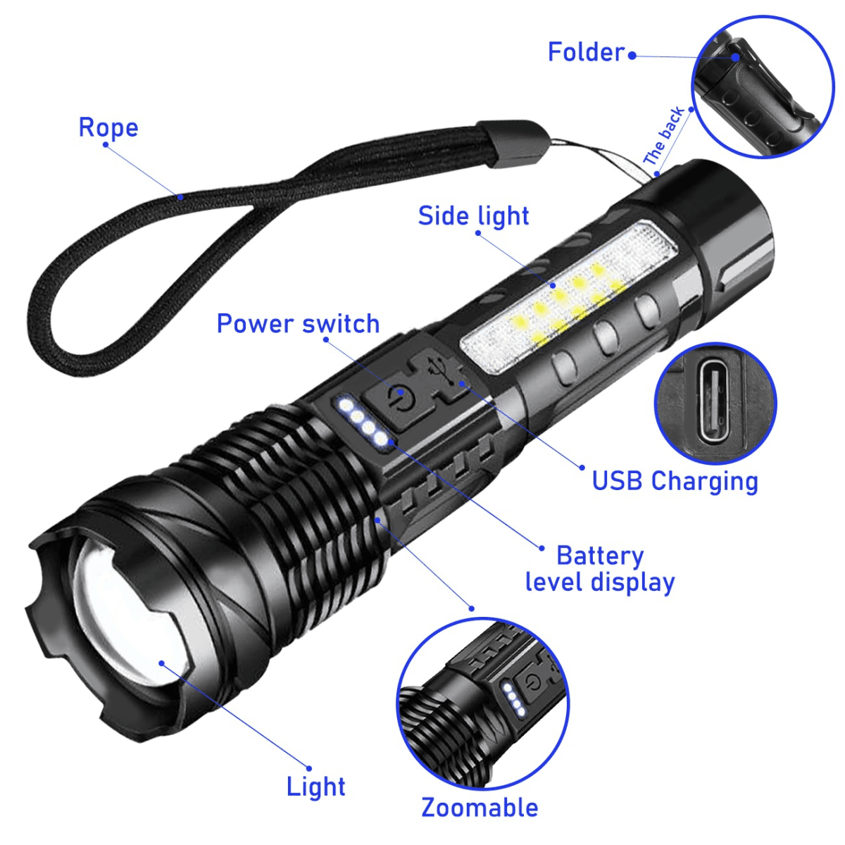 image-(2Pack)USB Rechargeable LED Flashlight Adjustable Focus Camping Hiking Outdoor Flashlight Work light (Logistics only For USPS.TK/TMEU only For self-pickup)