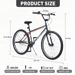 image-26 Inch Freestyle Bike for Teens, Steel Frame Single-Speed Bicycle with 2 Pegs , Front Caliper Brake and Rear V Brake, Bicycle for Boys and Girls Ages 14+