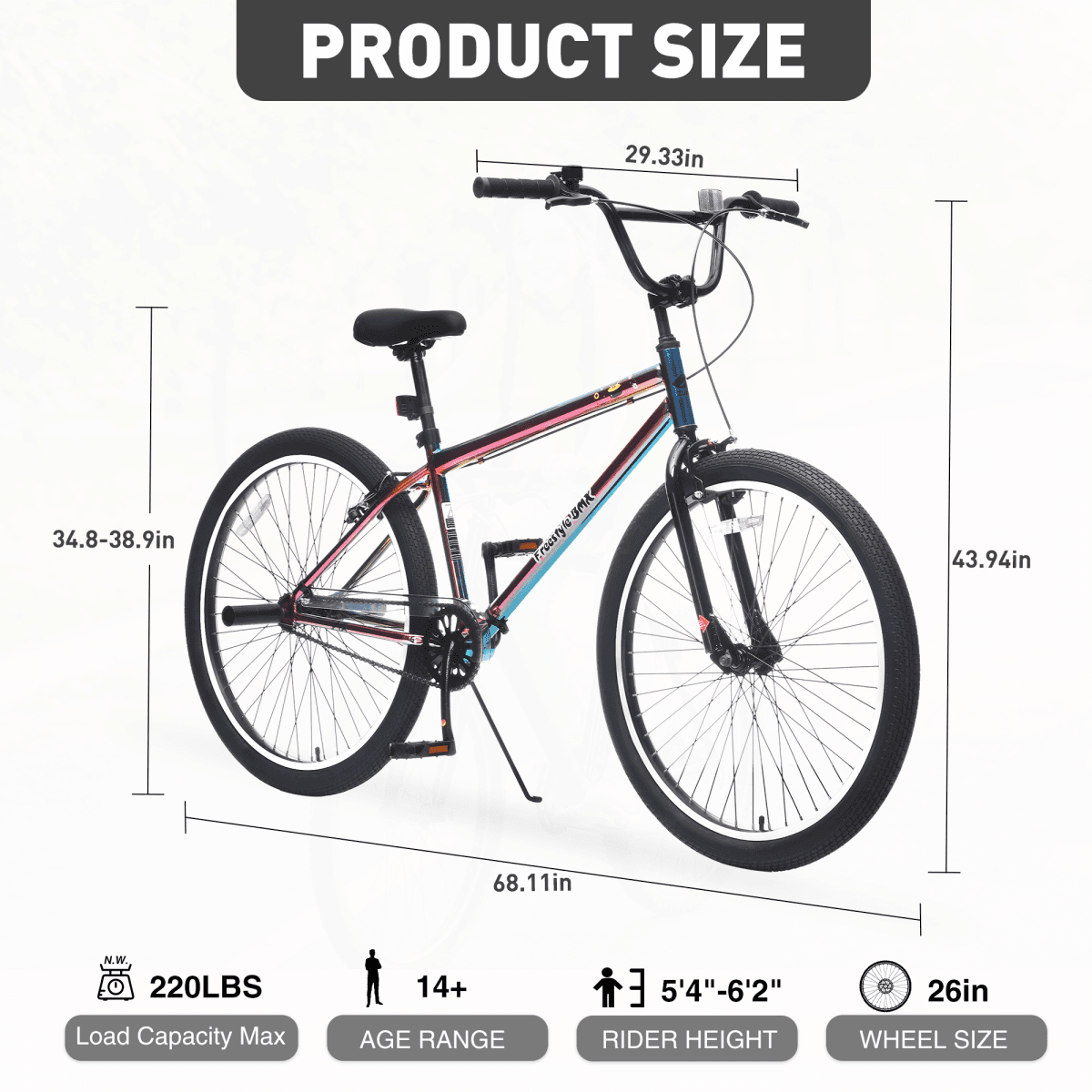 image-26 Inch Freestyle Bike for Teens, Steel Frame Single-Speed Bicycle with 2 Pegs , Front Caliper Brake and Rear V Brake, Bicycle for Boys and Girls Ages 14+