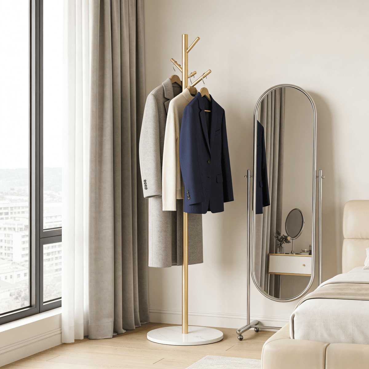image-Golden Metal Clothing Rack with Marble Base - Heavy Duty