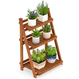 image-Acacia Wood 3-Tier Ladder Plant Stand - Foldable 24"