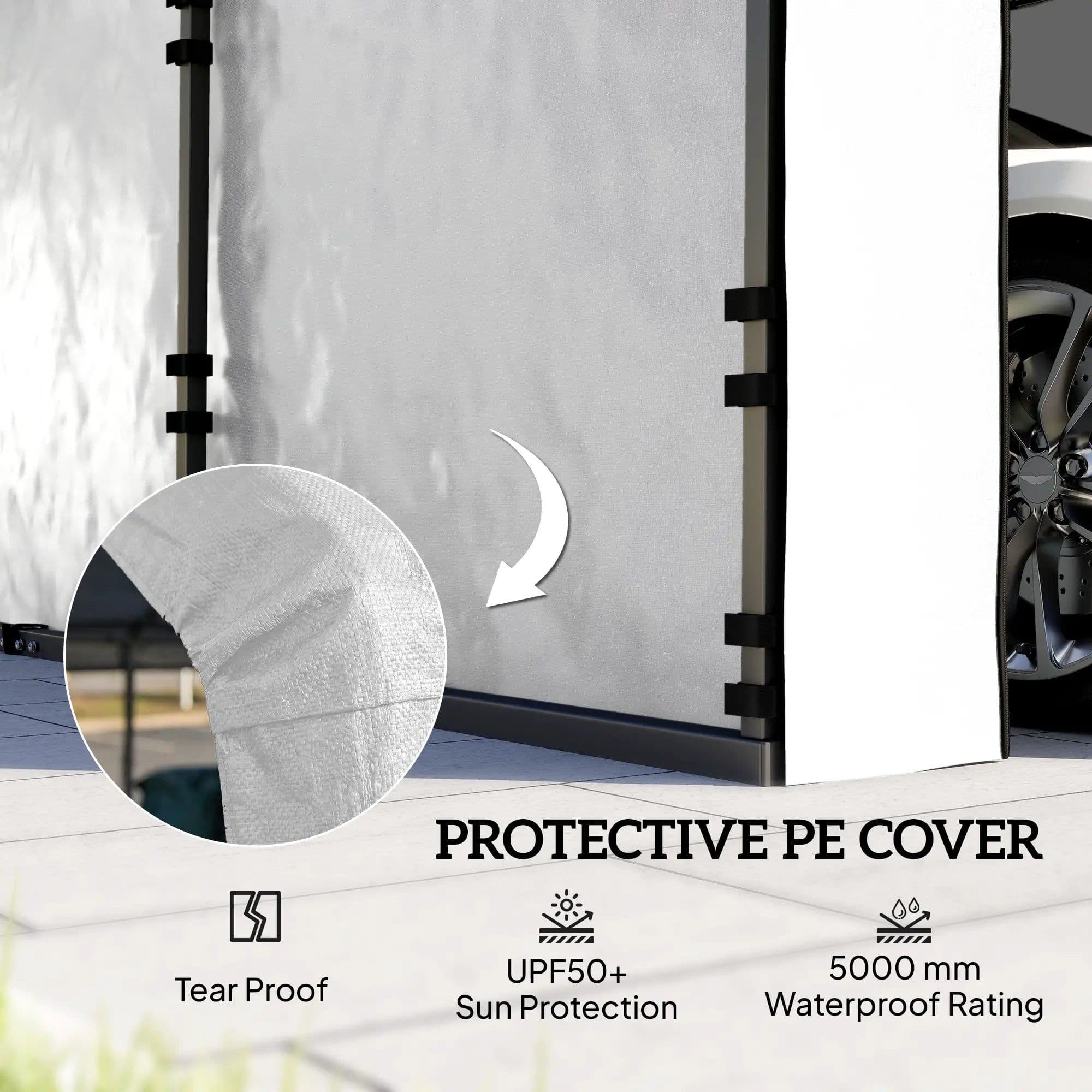 image-Carport Sidewall Panel - White, UPF50+ PE Fabric, Fits Most 12'x20' Carports