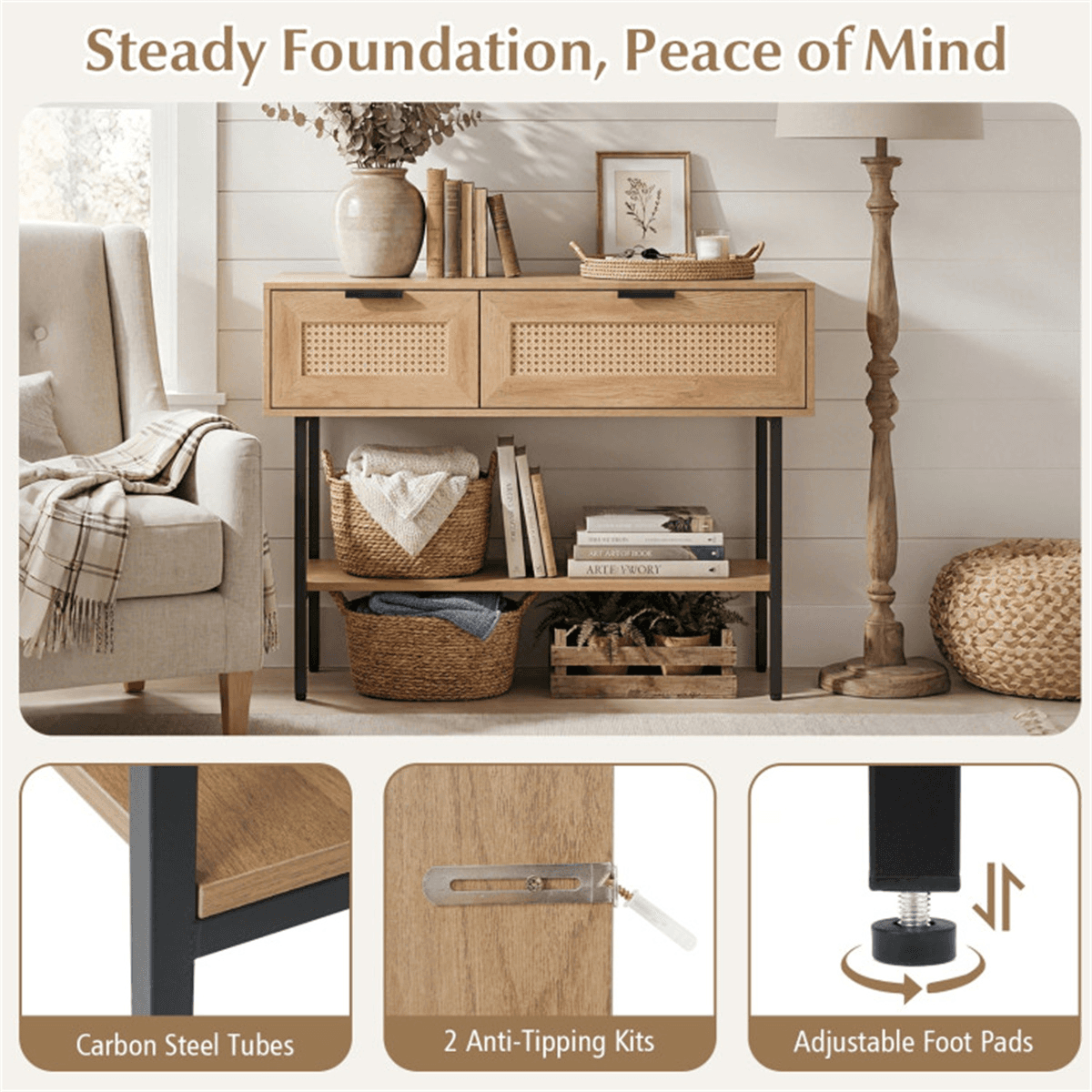 image-Rattan Console Table, 40" Natural Entryway Table with Storage & Shelf, Carbon Steel
