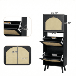 image-Rattan-fronted 3-Tier Shoe Cabinet, Black 54x24x135cm Particleboard