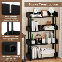 image-4-Tier Black Bookshelf with Anti-Tipping Legs for Home Office Storage (50 characters)