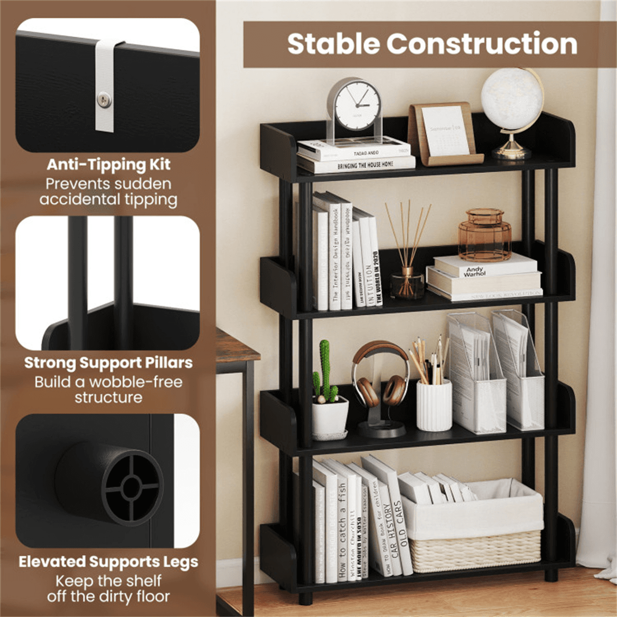 image-4-Tier Black Bookshelf with Anti-Tipping Legs for Home Office Storage (50 characters)