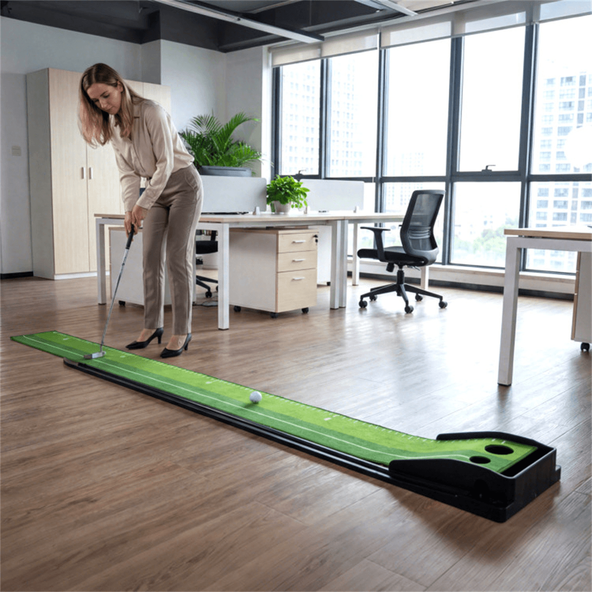 image-Indoor Golf Putting Mat - Ball Return Track 2 Holes 3 Balls