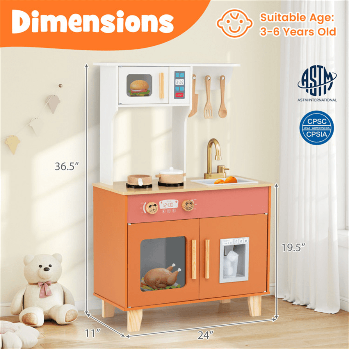 image-Orange Kids Play Kitchen - White 36.5" Anti-Tip