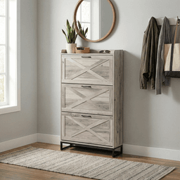 image-Barn Door Shoe Cabinet 80x24x145cm Washed Gray