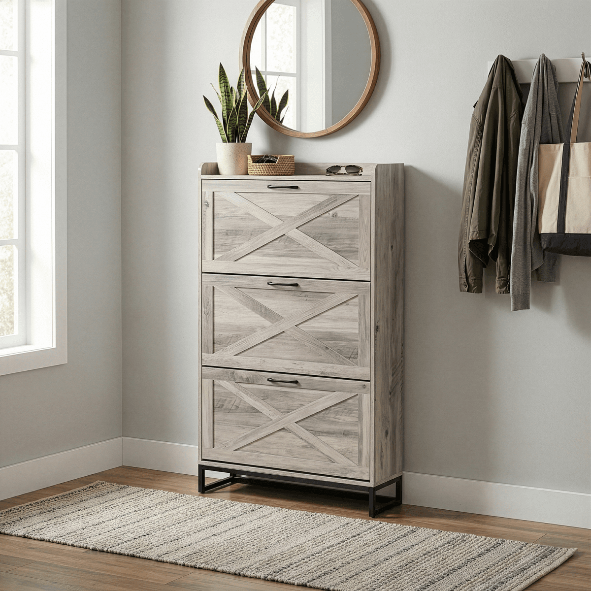 image-Barn Door Shoe Cabinet 80x24x145cm Washed Gray