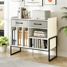 image-Record Player Stand with Charging Station & Storage - White