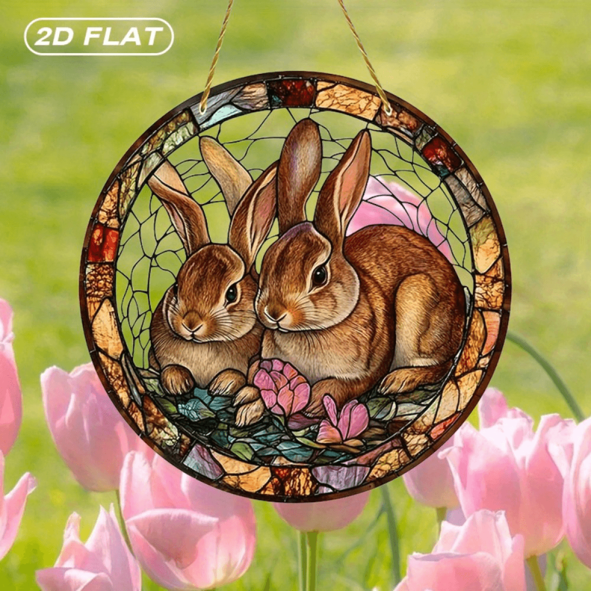 image-Acrylic Two Rabbits Floral Stained Glass Suncatcher - Garden Decor 20x20cm