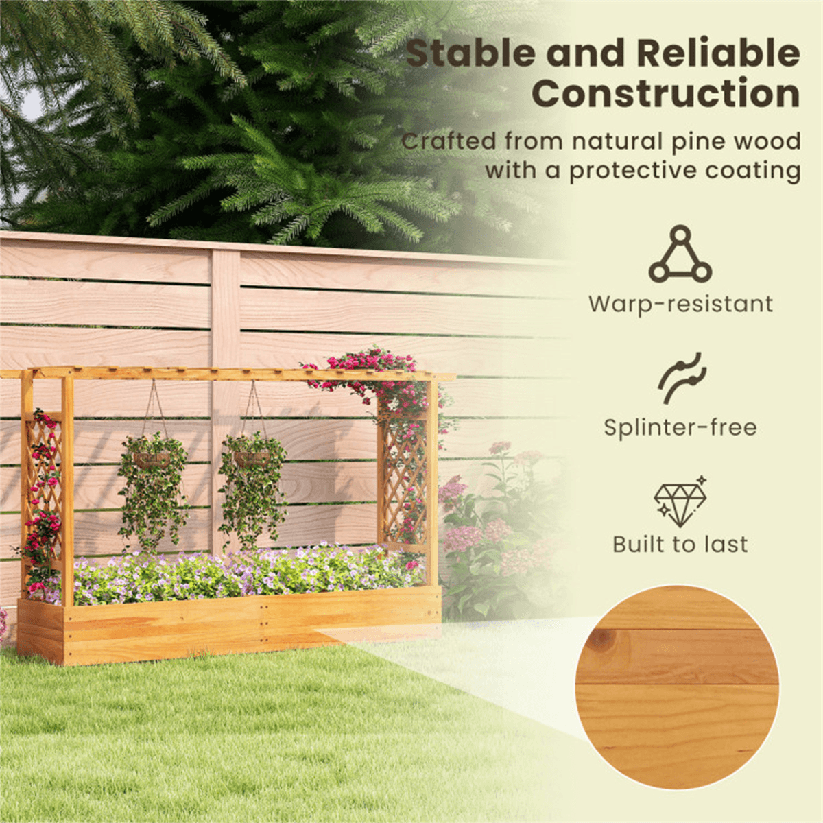image-Wooden Raised Garden Bed, 77" x 17" x 45", Pine Wood, Open-Ended Trellis