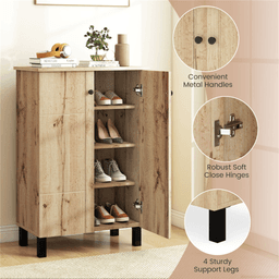 image-Farmhouse Wooden Shoe Organizer, 4-Tier, Anti-Tip, Natural/Black