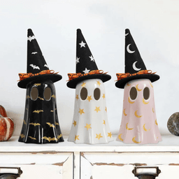 image-Halloween Decor Indoor, Set of 3 Ceramic Ghosts with Witch Hats, Cute Spooky Ghost Figurines for Mantel, Shelf & Tabletop Decor, Halloween Decorations