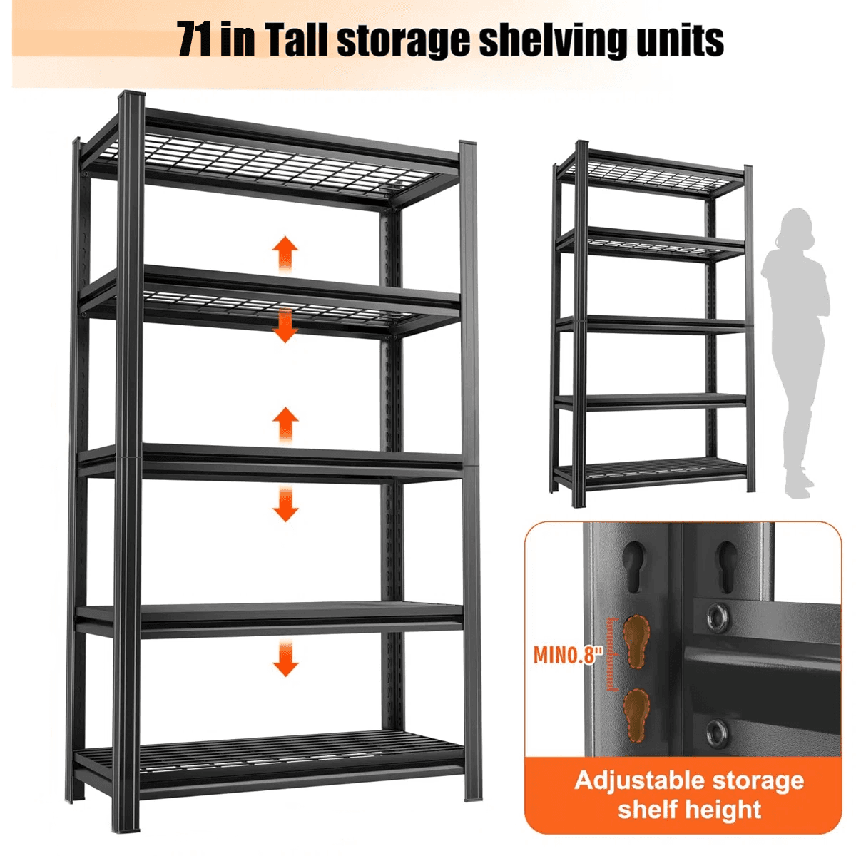 image-Garage Five Story Shelf, Capable Of Accommodating 2500 LBS, Adjustable Metal Shelf, Black, Requires Assembly, 71.2 "H x 47.24"L x 23.62 "D