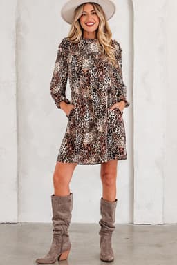 image-Brown Leopard Ruffled Detail Long Sleeve Mini Dress