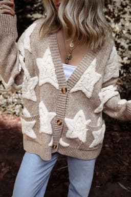 image-Sherpa Star Pattern Textured Cardigan - Khaki with Pockets