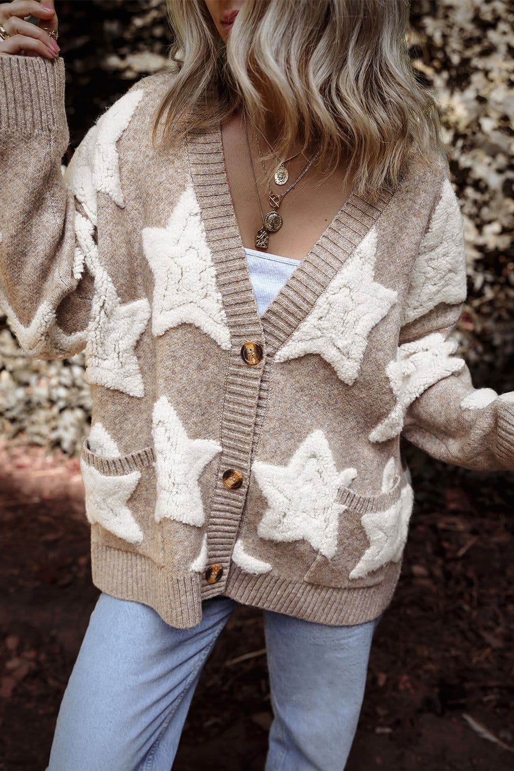 image-Sherpa Star Pattern Textured Cardigan - Khaki with Pockets