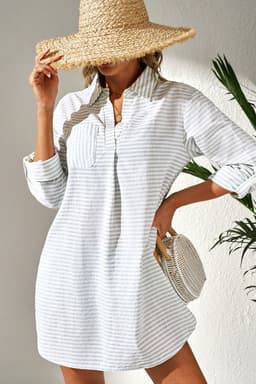 image-White V-Neck Beach Cover Up with Stripe Collar & Long Sleeves - Sizes S-2XL