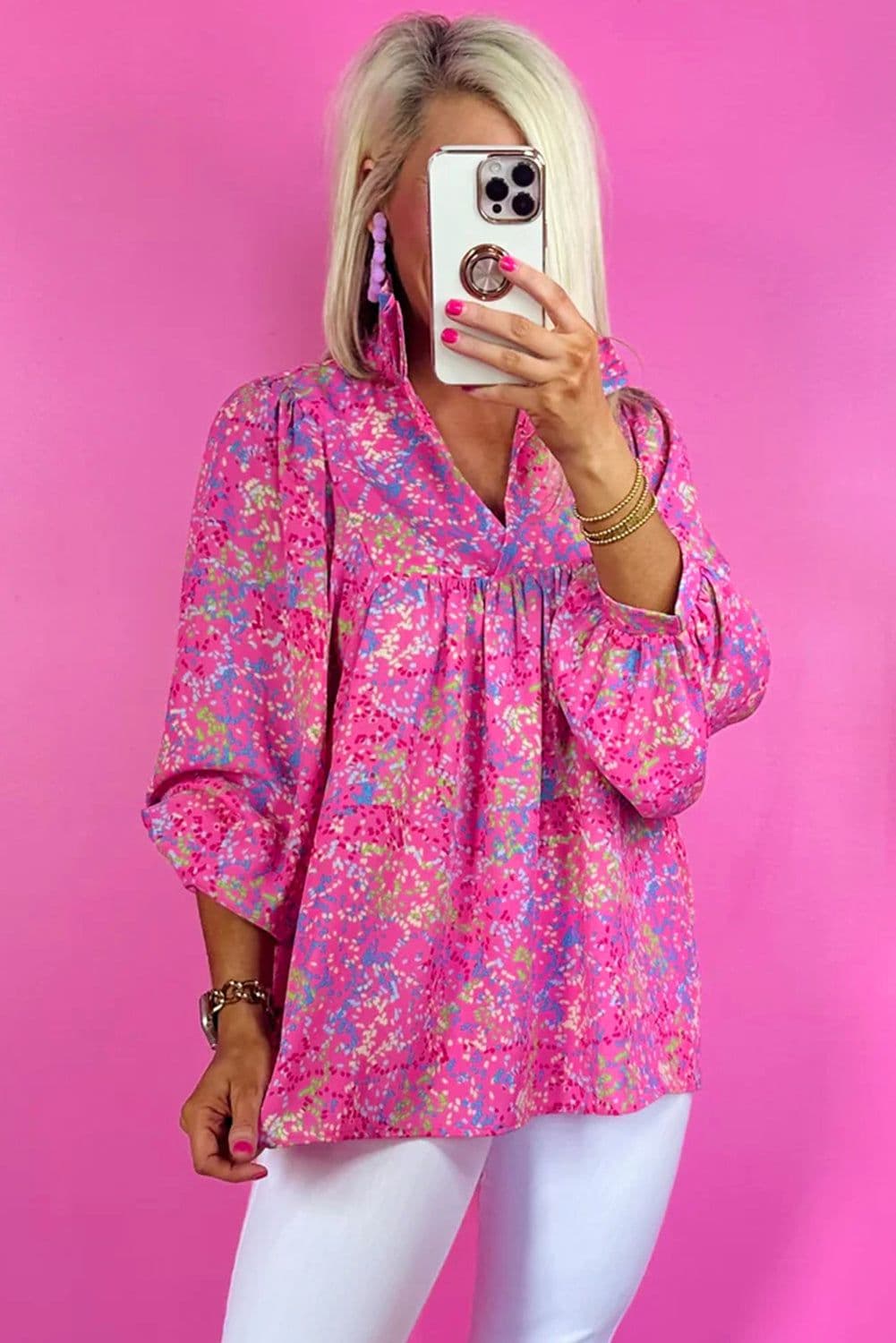image-Bonbon Abstract Print Collared V Neck Babydoll Blouse