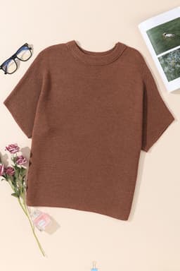 image-High Neck Bat Sleeve Sweater - Short Sleeve, Elegant, Loose Fit