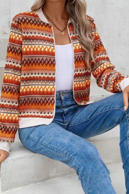 image-Boho Striped Zip Up Long Sleeve Jacket - Orange