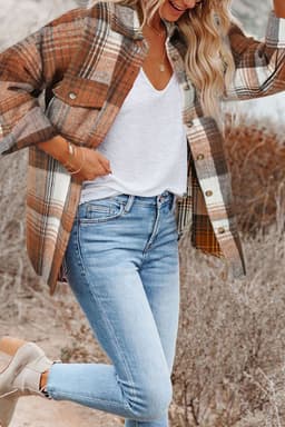 image-Shacket with Pink/Black Plaid Flap Pockets - Chic Style, Loose Fit (65 characters)