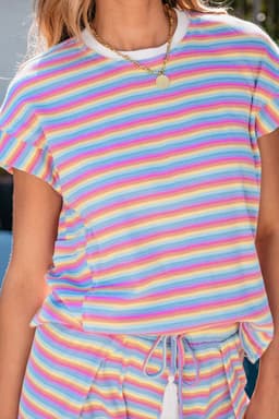 image-Pink Stripe Rainbow Tee Wide Leg Pants Set
