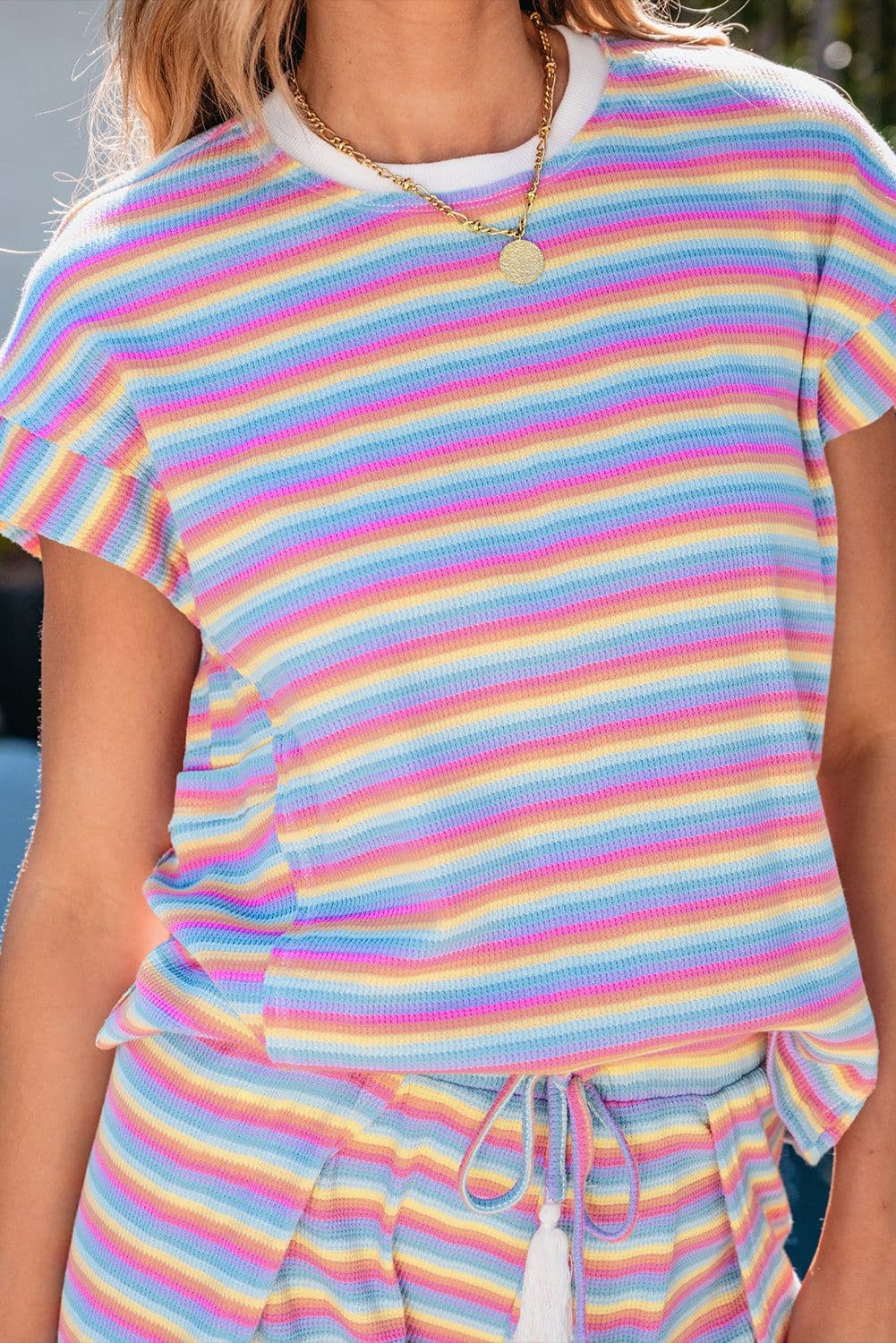 image-Pink Stripe Rainbow Tee Wide Leg Pants Set