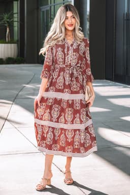 image-Brown Floral Maxi Dress - Belted Tiered Striped Trim