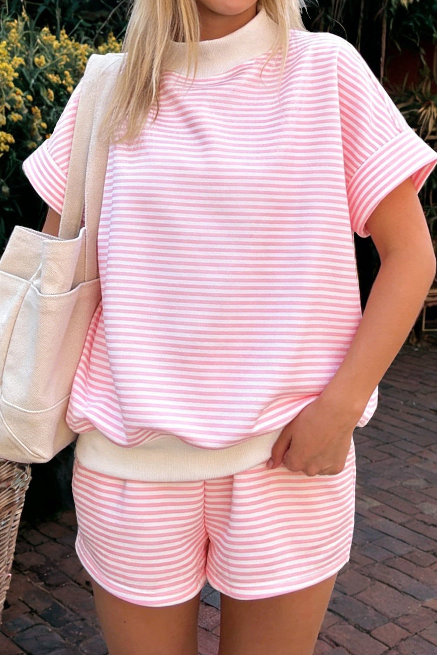 image-Sky Blue Stripe Cuffed Sleeve Contrast Mock Neck Tee Casual 2pcs Short Set