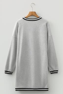 image-Light Grey Striped Trim V Neck Long Sleeve Preppy T Shirt Dress