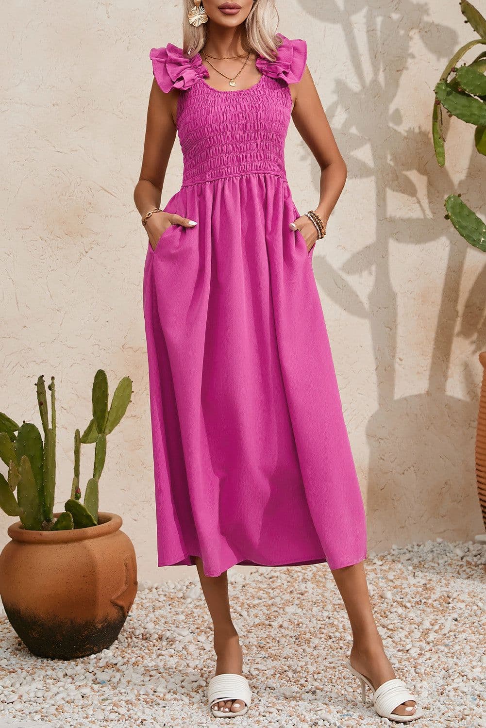 image-Rose Red Maxi Dress - Ruffled Straps, Smocked Ruched, Sizes S-XL