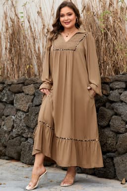 image-Chestnut Smocked V Neckline Leopard Piping Accent Bracelet Plus Size Long Dress