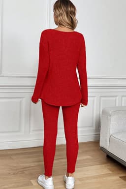 image-Racing Red Ribbed Notched Neck Knit Long Sleeve Leggings Two Pieces Lounge Set