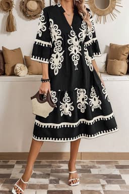 image-Geometric Print 3/4 Sleeve Loose Midi Dress - Black