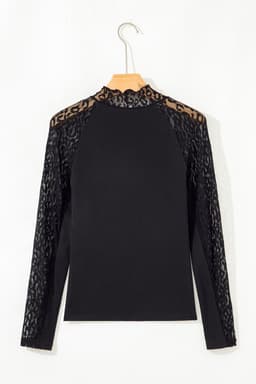 image-Black Leopard Mesh Patchwork Knit Long Sleeve Top
