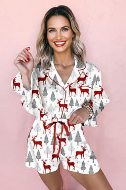 image-White Christmas Pajama Set - Velvet Trim Bow Knot