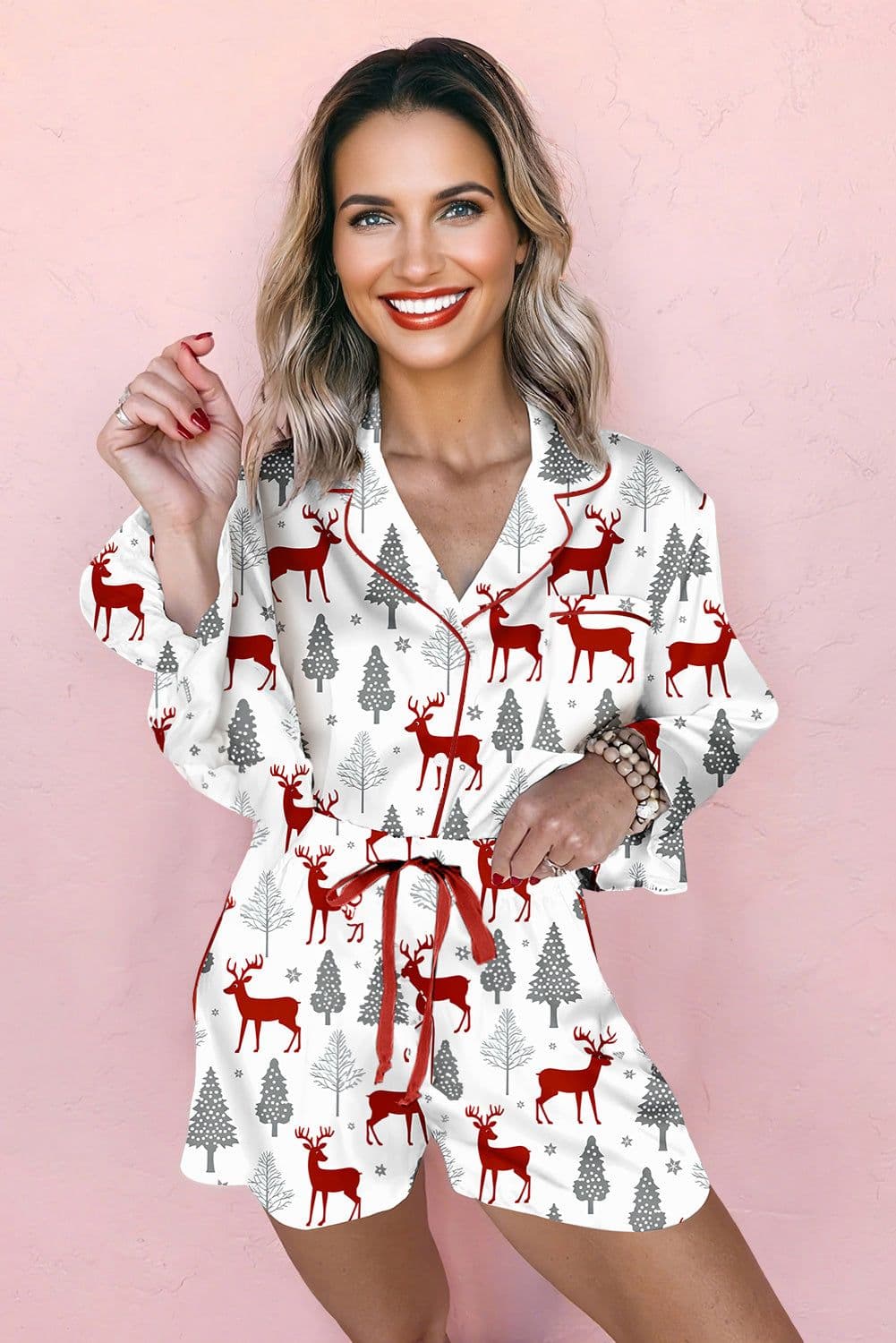 image-White Christmas Pajama Set - Velvet Trim Bow Knot