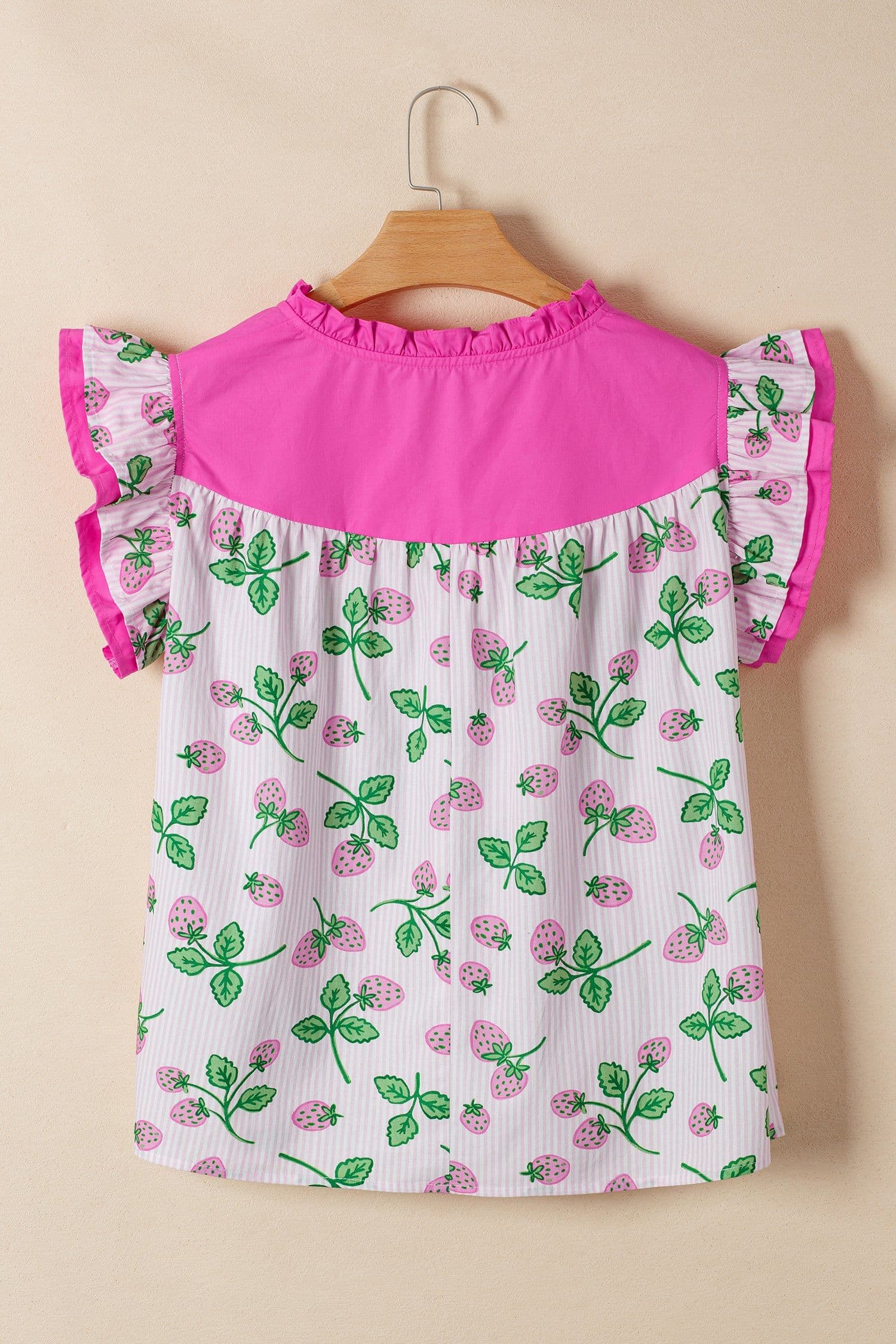 image-Pink Striped Strawberry Blouse - V Neck Flutter Sleeve