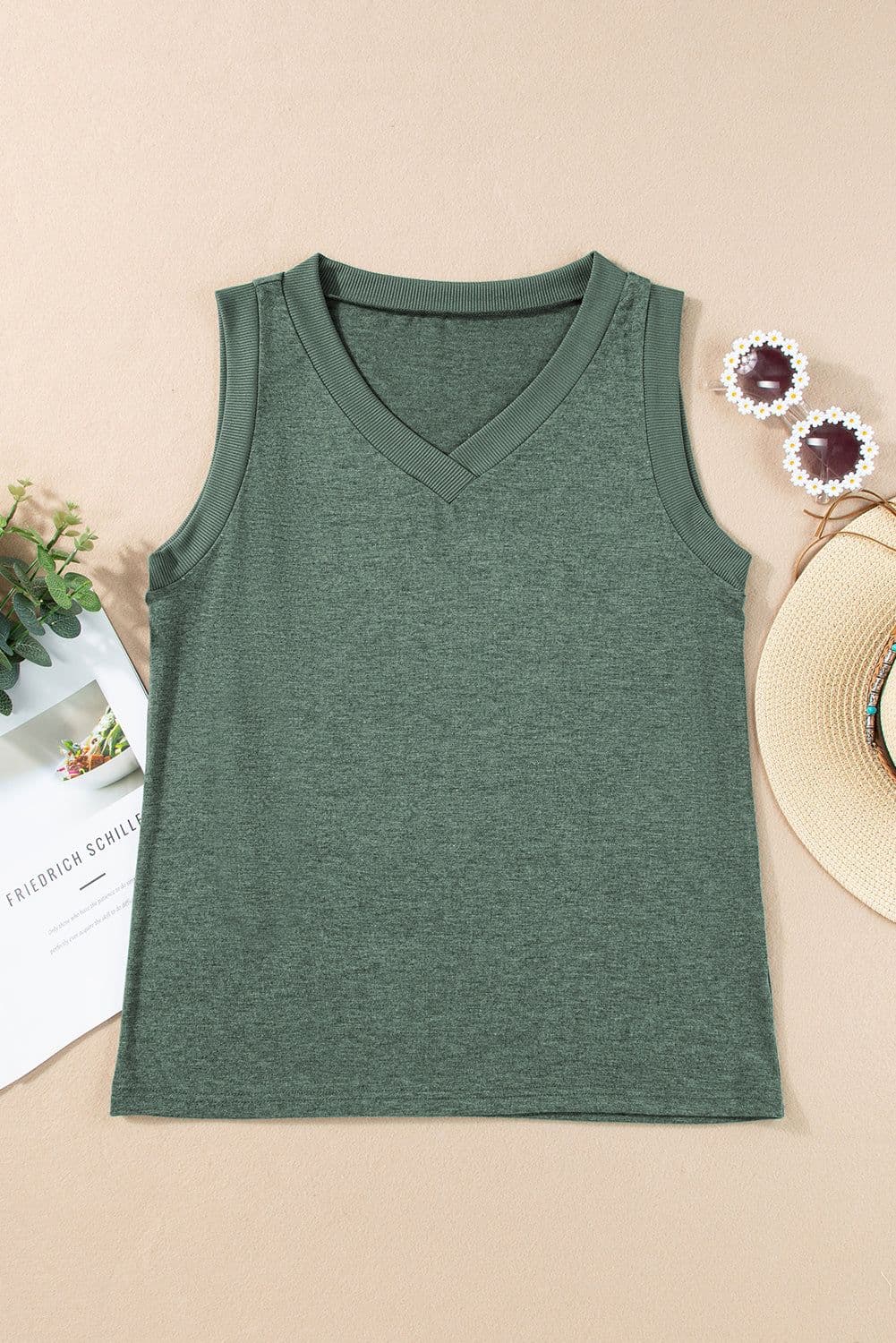 image-Mist Green Ribbed V Neck Tank